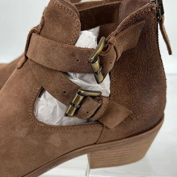 New Garnett Hill Mia Buckle Booties Stacked Heel Zip Almond Toe Brown 9.5