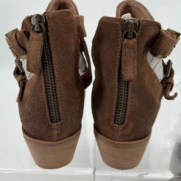 New Garnett Hill Mia Buckle Booties Stacked Heel Zip Almond Toe Brown 9.5