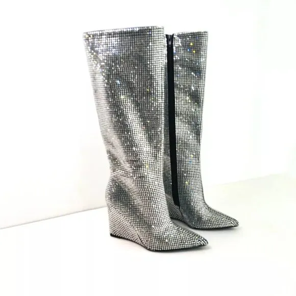 NEW Gianni Bini Gabor Two Sz 8M Rhinestone Pointed Toe Tall Wedge Boots