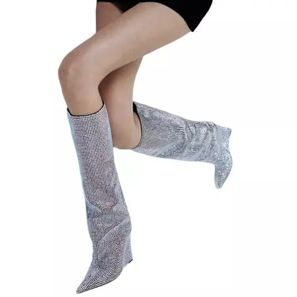 NEW Gianni Bini Gabor Two Sz 8M Rhinestone Pointed Toe Tall Wedge Boots
