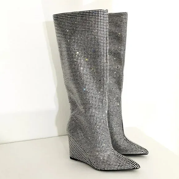 NEW Gianni Bini Gabor Two Sz 8M Rhinestone Pointed Toe Tall Wedge Boots