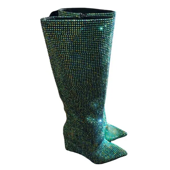 NEW Gianni Bini GaborTwo Wide Calf Multi Rhinestone Pointed Toe Tall Wedge Boots
