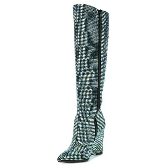 NEW Gianni Bini GaborTwo Wide Calf Multi Rhinestone Pointed Toe Tall Wedge Boots