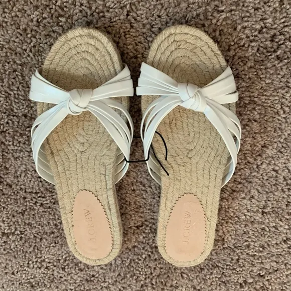 New J.Crew Spain Knotted Espadrilles Slides Leather Jute White Cream Boho Size 8