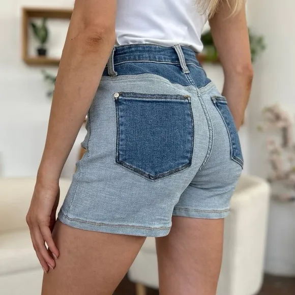 NEW Judy Blue PLUS   REG Size Beach Daze High Waisted Color Block Denim Shorts
