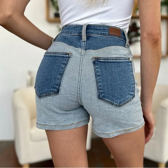 NEW Judy Blue PLUS   REG Size Beach Daze High Waisted Color Block Denim Shorts