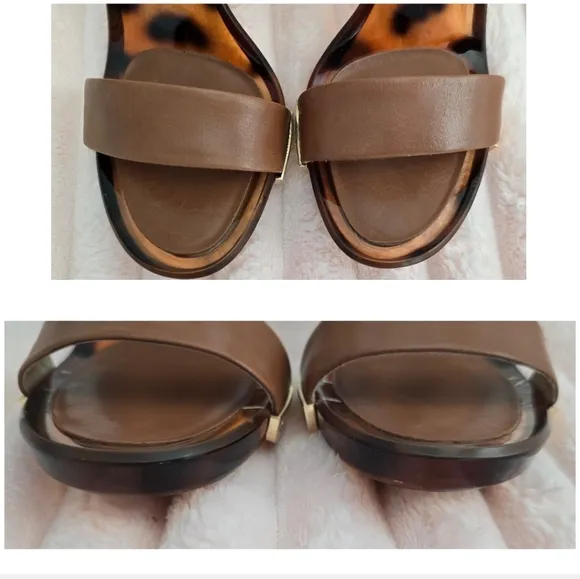 New 🐆 Michael Kor New Lani Sandal BrownLeather w/ Gold Emblems and Heel Size 10