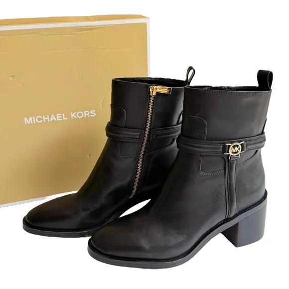 NEW Michael Kors Bombe Leather ANKLE BOOT Mindy Black Womens 10 Zip Shoe In Box