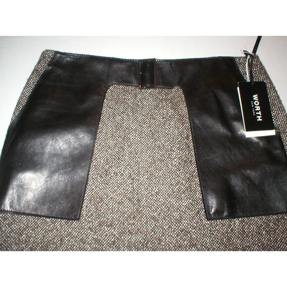 New NWT $600 Womens Black Brown Leather Tweed Skirt Worth NY 10 York Office Work