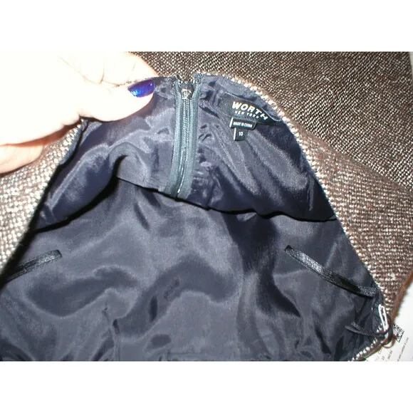 New NWT $600 Womens Black Brown Leather Tweed Skirt Worth NY 10 York Office Work
