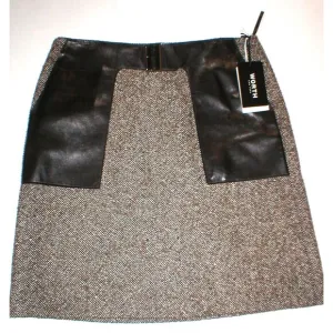 New NWT $600 Womens Black Brown Leather Tweed Skirt Worth NY 10 York Office Work