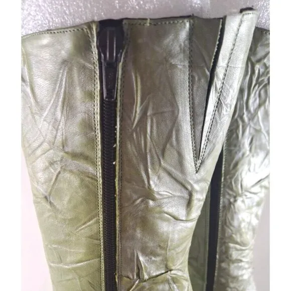 NEW Paloma Marcelo Fly Mid Calf Boots Y2K Green 4&quot; Heels Zip Up Leather 39 9