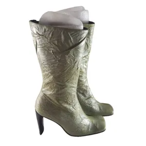 NEW Paloma Marcelo Fly Mid Calf Boots Y2K Green 4&quot; Heels Zip Up Leather 39 9