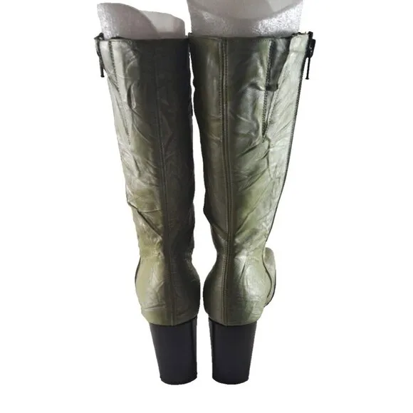 NEW Paloma Marcelo Fly Mid Calf Boots Y2K Green 4&quot; Heels Zip Up Leather 39 9