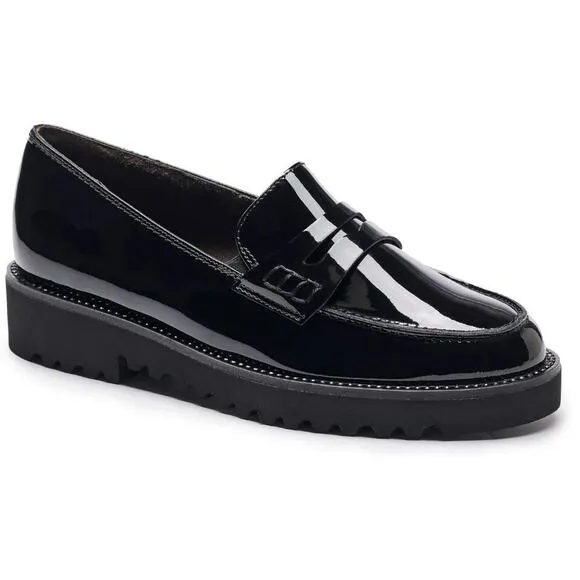 NEW PAUL GREEN Lug Sole Slip On Loafers Black Leather Women's Size 8.5