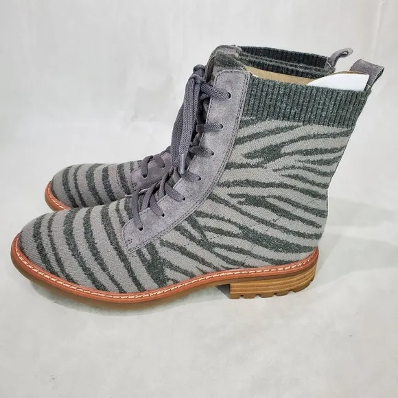 New Sofft Womens Landee Grey Tiger Lace Up Knit Combat Boots Shoes Leather