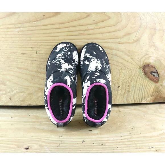 New Sorel Flats Size 7 Womens Slippers Go Bodega Run Black Gray White Fur Lined