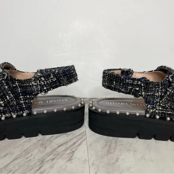 New! Stuart Weitzman Zoe Lift Embellished Tweed Sandal 8 1/2 B