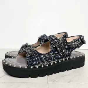 New! Stuart Weitzman Zoe Lift Embellished Tweed Sandal 8 1/2 B
