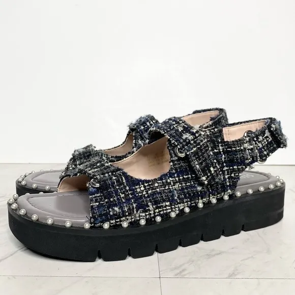 New! Stuart Weitzman Zoe Lift Embellished Tweed Sandal 8 1/2 B