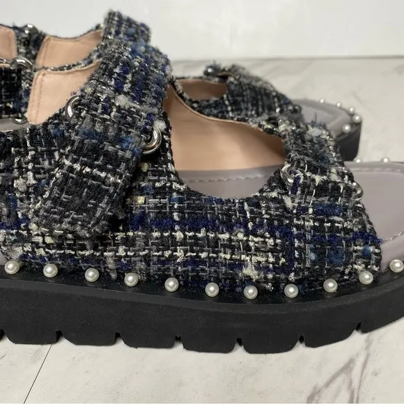 New! Stuart Weitzman Zoe Lift Embellished Tweed Sandal 8 1/2 B