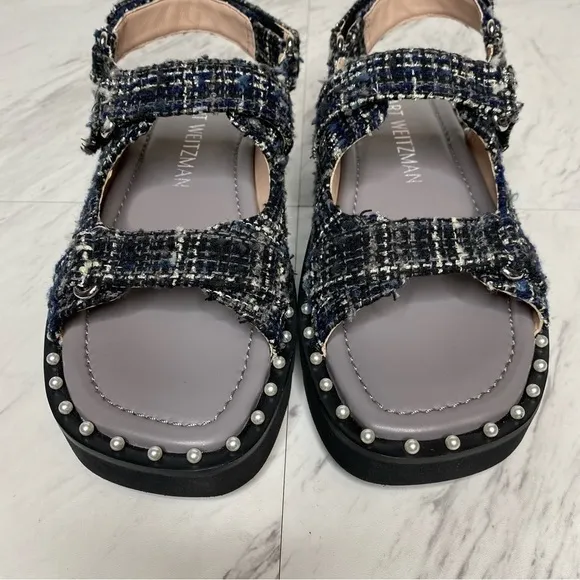 New! Stuart Weitzman Zoe Lift Embellished Tweed Sandal 8 1/2 B