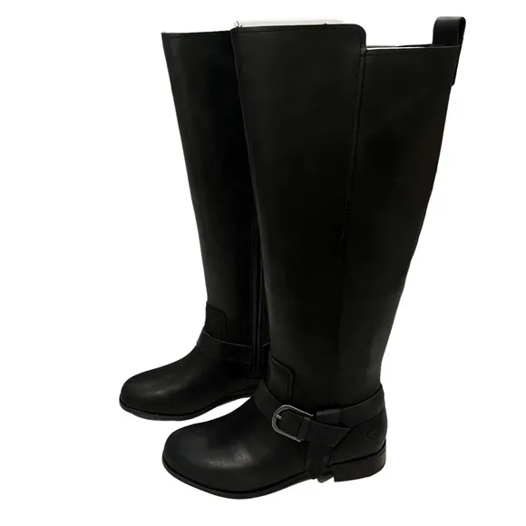 New, UGG Katelyn Knee High Black Leather Boots, Sz 6