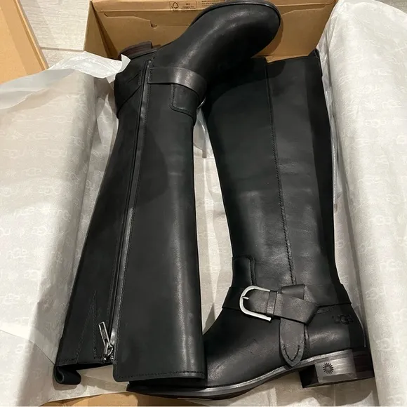 New, UGG Katelyn Knee High Black Leather Boots, Sz 6