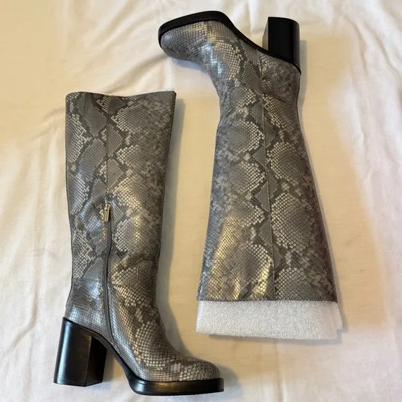 NEW Vince Camuto 11 Gibi Gray Snakeskin Wide Calf Boots ~ Snake Block Heel