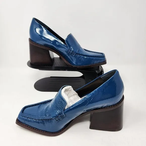 New Vince Camuto Segellis Crinkle Mediterranean Blue Block Heeled Loafers Sz 6