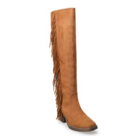 New Women’s SO Cognac Knee High Fringe Boots Size 8 WC Wide Calf Boho Western