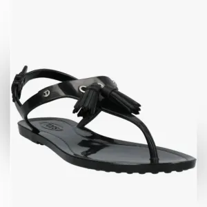 NEW⭐️TOD’S Jelly Black Tassel Thong‎ Sandals 7.5/38 RubberStamp Logo T summer
