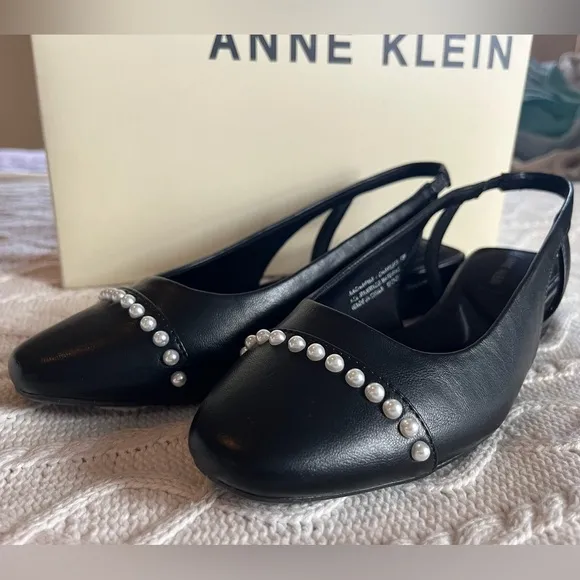 NIB Anne Klein Charma Style Flex Black Flats with Pearl Decor Women’s Size 7