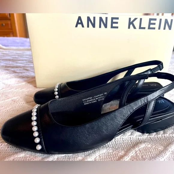 NIB Anne Klein Charma Style Flex Black Flats with Pearl Decor Women’s Size 7