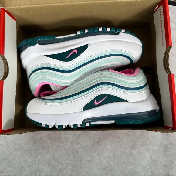 NIB Nike Air Max 97 &quot;White/Pink Spell/Geode Teal/Jade Ice&quot; Preschool Girls' Shoe