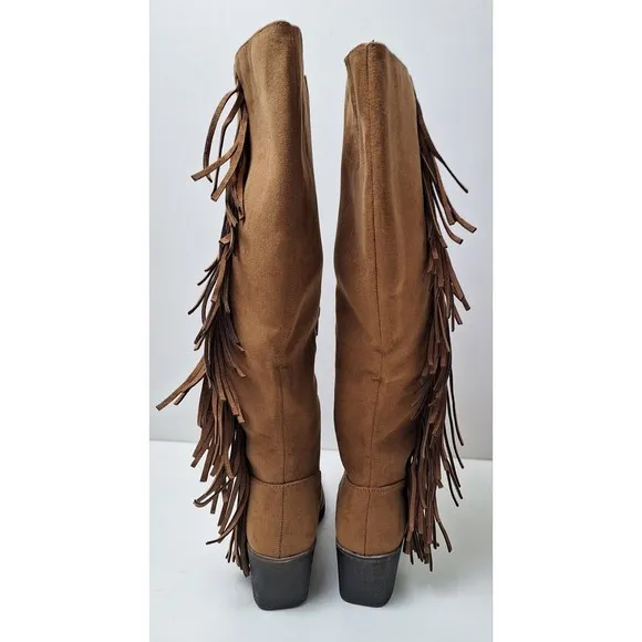 NIB! Sonoma Singalong Tall Fringe Boots Faux Suede Cognac Women's 5M Wide Calf