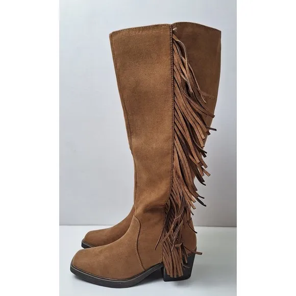 NIB! Sonoma Singalong Tall Fringe Boots Faux Suede Cognac Women's 5M Wide Calf