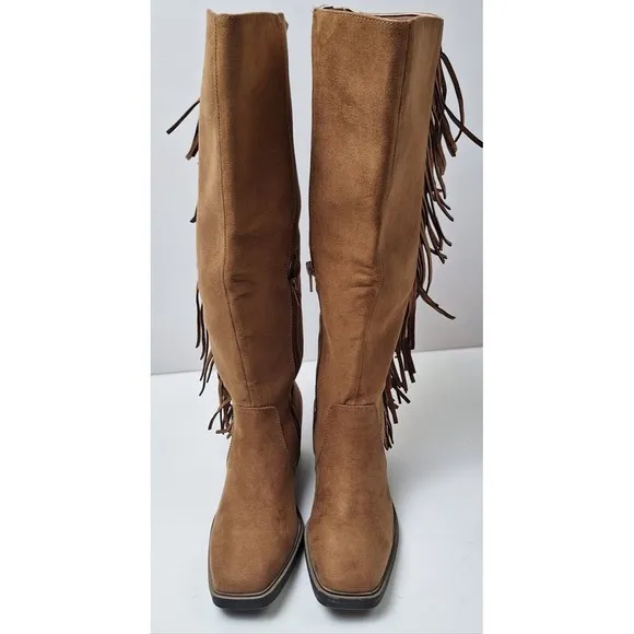 NIB! Sonoma Singalong Tall Fringe Boots Faux Suede Cognac Women's 5M Wide Calf