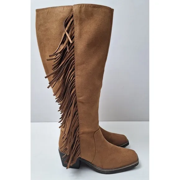 NIB! Sonoma Singalong Tall Fringe Boots Faux Suede Cognac Women's 5M Wide Calf