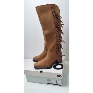 NIB! Sonoma Singalong Tall Fringe Boots Faux Suede Cognac Women's 5M Wide Calf