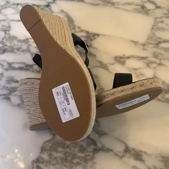NIB Stuart Weitzman Teddi espadrille wedge sandals heels black leather 11.5