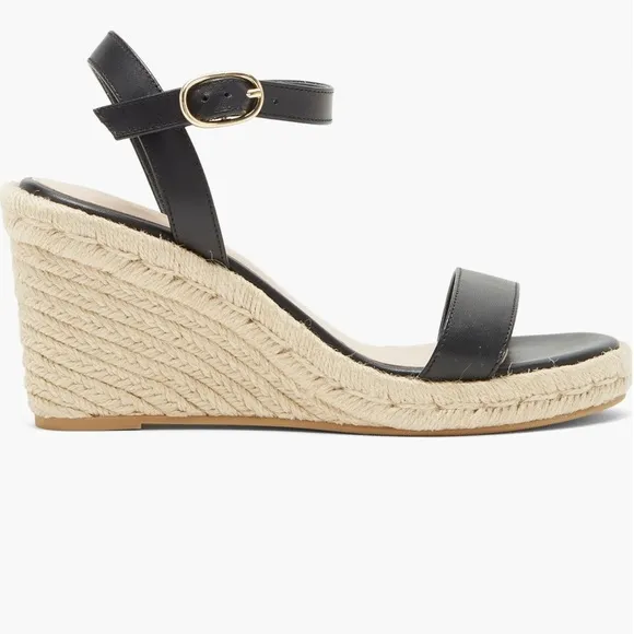 NIB Stuart Weitzman Teddi espadrille wedge sandals heels black leather 11.5