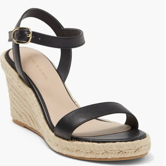 NIB Stuart Weitzman Teddi espadrille wedge sandals heels black leather 11.5