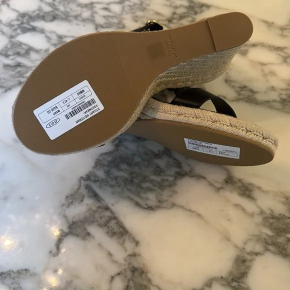 NIB Stuart Weitzman Teddi espadrille wedge sandals heels black leather 11.5