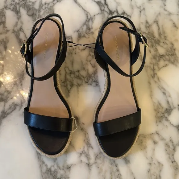 NIB Stuart Weitzman Teddi espadrille wedge sandals heels black leather 11.5