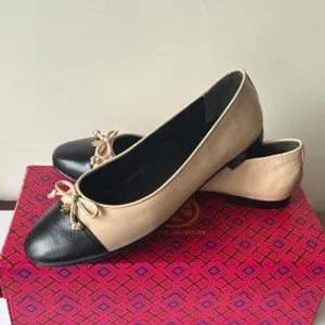 NIB Tory Burch Cap Toe Goat Leather Ballet Flats Rose Pink /Perfect Black