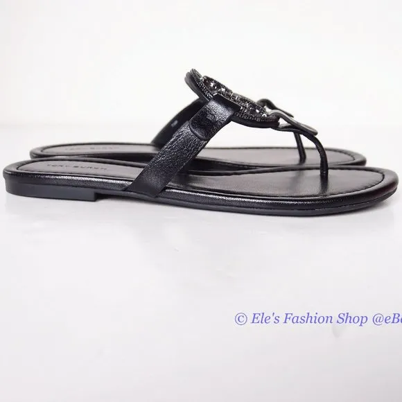 NIB Tory Burch Crystal Embellished Miller Pave Sandal BLACK US 7.5 8 AUTHENTIC