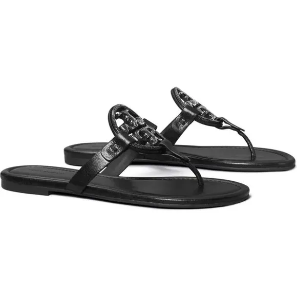 NIB Tory Burch Crystal Embellished Miller Pave Sandal BLACK US 7.5 8 AUTHENTIC