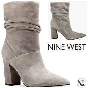 Nine West Cames Slouch Booties Grey Suede Leather Pointed Toe Mid-Calf Boots 7