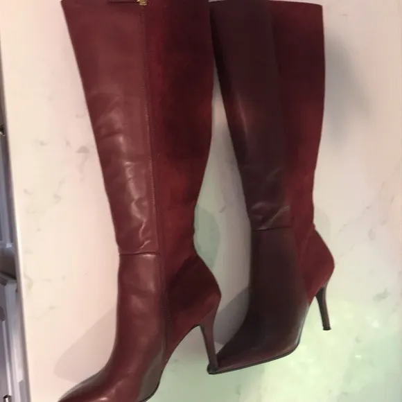 Nine West Fallon Burgundy Leather and Suede wide calf boots